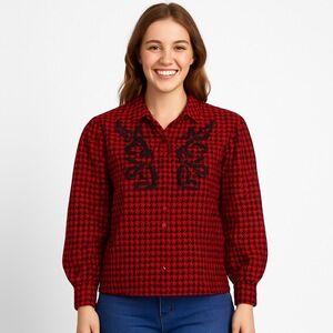 EUC Chaus Vintage Red & Black Houndstooth Blouse – Size S - 0519